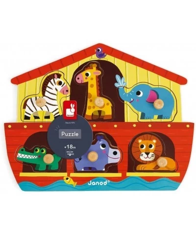 6 Piece Noah’s Ark Puzzle Themed Wooden Peg Colorful Jigsaw Puzzle - Encourages Shape Recognition Dexterity and Language Deve...