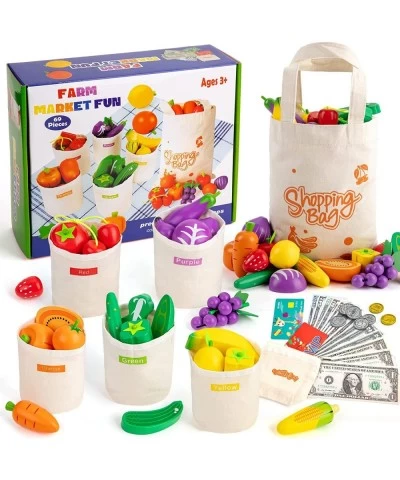 Wooden Farmers Market Color Sorting Toys Pretend Play Food Set Fruit & Vegetables Kitchen Set with Sorting Bag Play Money Sho...