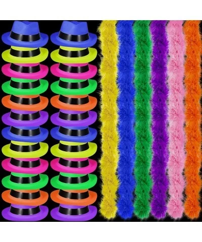 48 Pieces Neon Party Supplies 24 Neon Gangster Hats 24 Pcs Colorful Feather Boas for Glow Party Women Girls Costume 80's Styl...