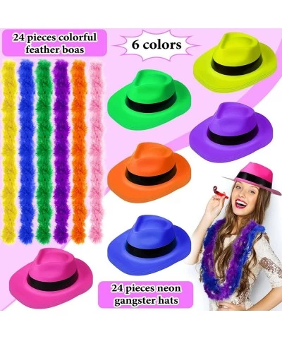 48 Pieces Neon Party Supplies 24 Neon Gangster Hats 24 Pcs Colorful Feather Boas for Glow Party Women Girls Costume 80's Styl...