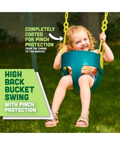 Deluxe High Back Full Bucket Toddler Swing with Exclusive Chain & Triangle Dip Pinch Protection and Carabiners for Easy Insta...