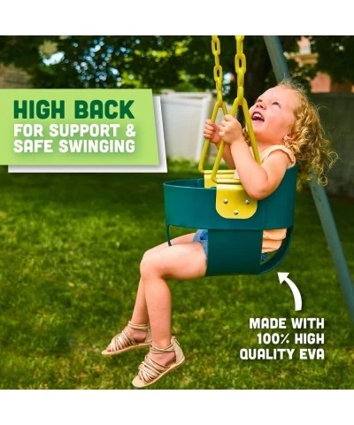 Deluxe High Back Full Bucket Toddler Swing with Exclusive Chain & Triangle Dip Pinch Protection and Carabiners for Easy Insta...