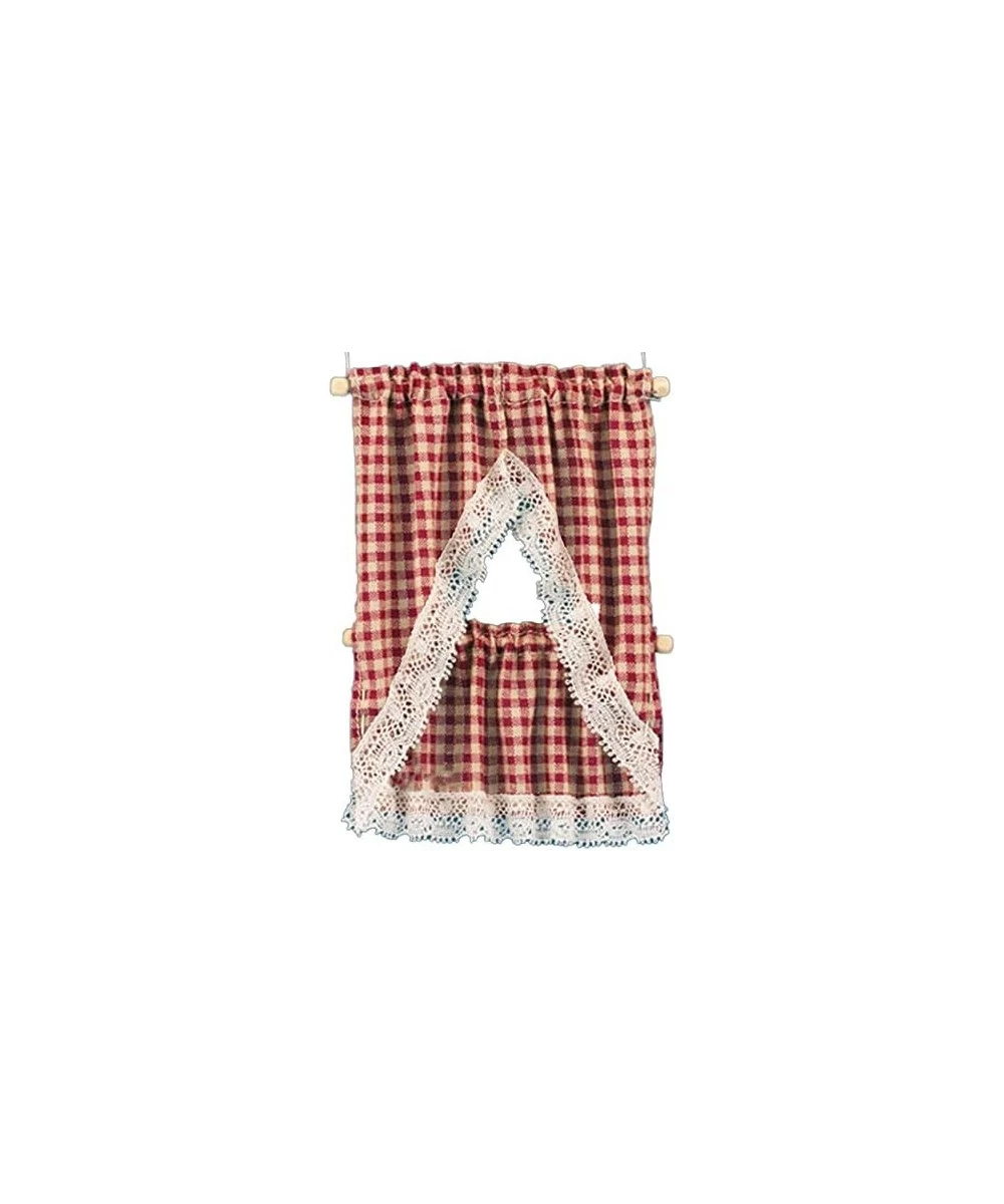 Melody Jane Dollhouse Red Beige Gingham Country Kitchen Curtains & Valance 1:12 Accessory $32.19 Dollhouse Accessories