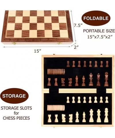 Magnetic Wooden Chess Checkers Set for Kids and Adults – 15” Staunton Chess Set - Travel Portable Folding Chess Board Game Se...