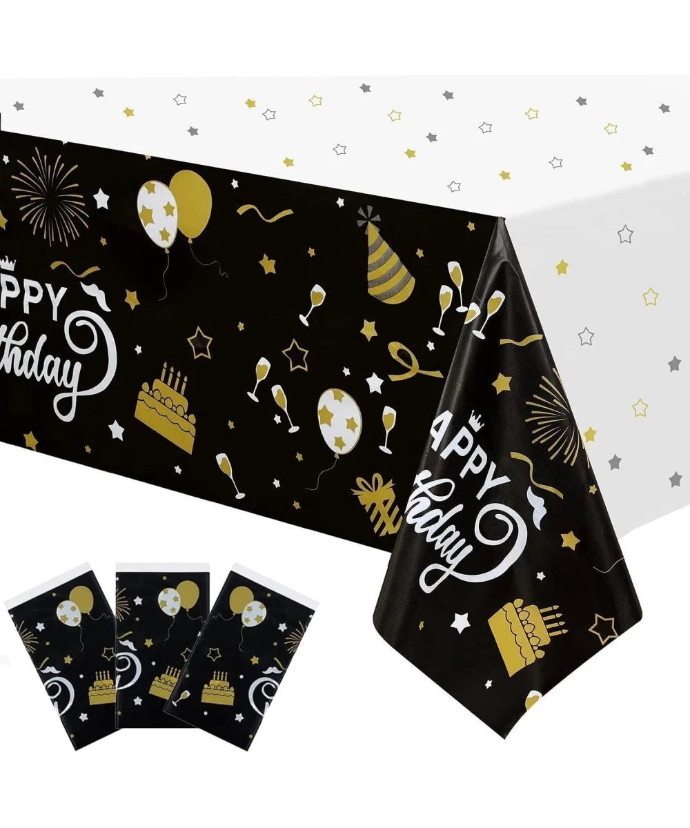 Happy Birthday Decorations 3PCS Black and Gold Birthday Tablecloth for Men Women Plastic Disposable Rectangle Table Cover for...