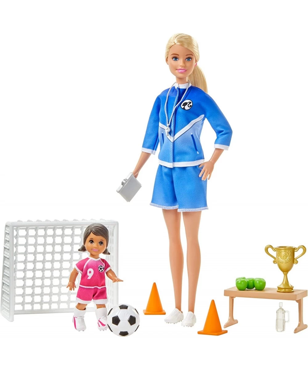 Soccer Coach Playset with Blonde Soccer Coach Doll Student Doll and Accessories: Soccer Ball Clipboard Goal Net Cones Bench a...