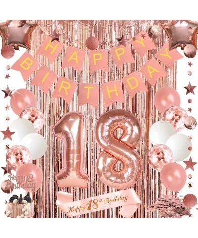 18th Birthday Decorations for Girls Happy Birthday Banner Number 18 Foil Balloon Party Paper Fan Cake Topper Rose Gold Curtai...