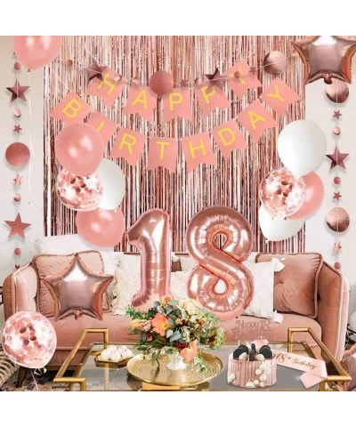 18th Birthday Decorations for Girls Happy Birthday Banner Number 18 Foil Balloon Party Paper Fan Cake Topper Rose Gold Curtai...