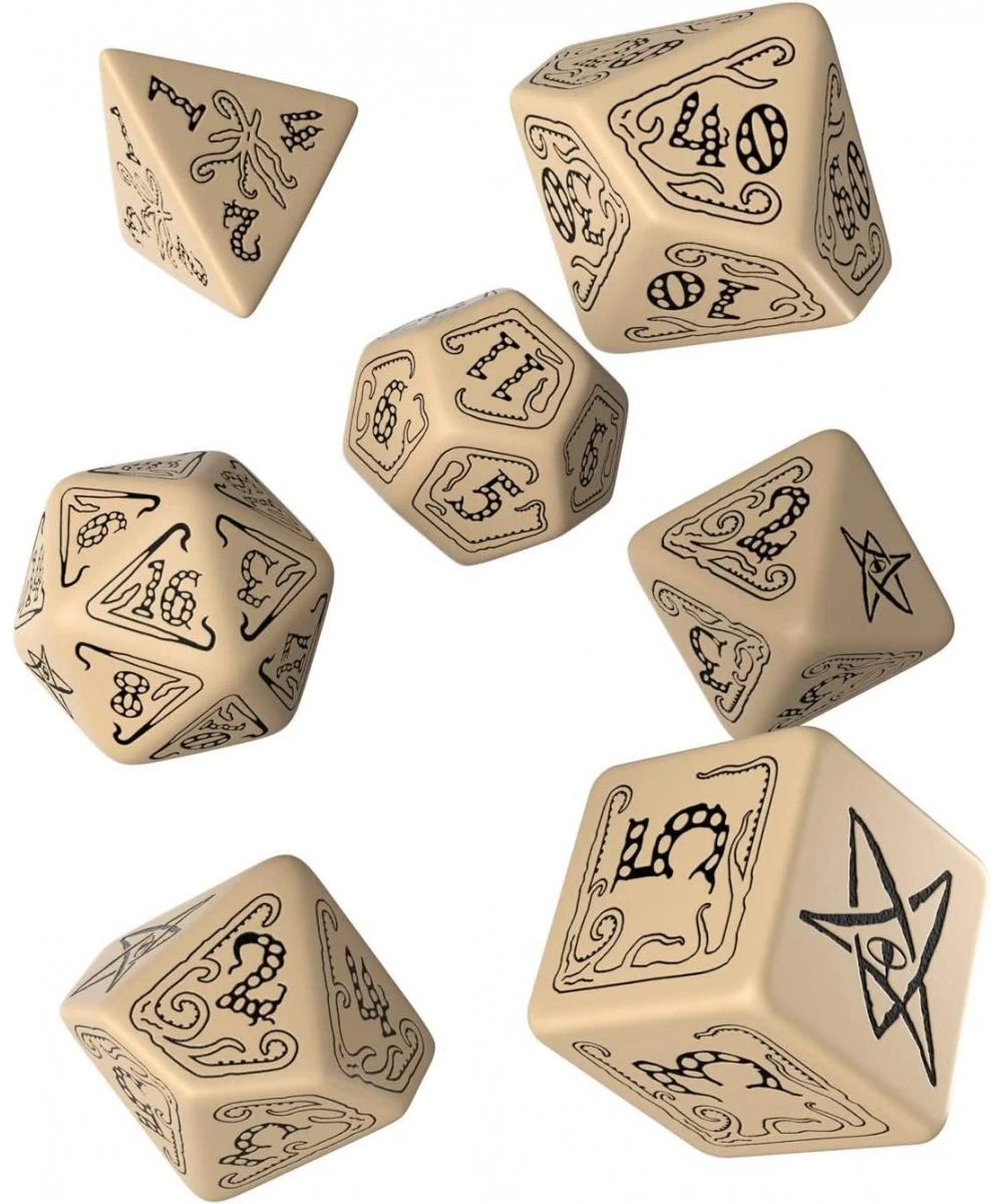 Q WORKSHOP Call Of Cthulhu RPG beige & black Ornamented Dice Set 7 Polyhedral Pieces $30.16 Game Accessories