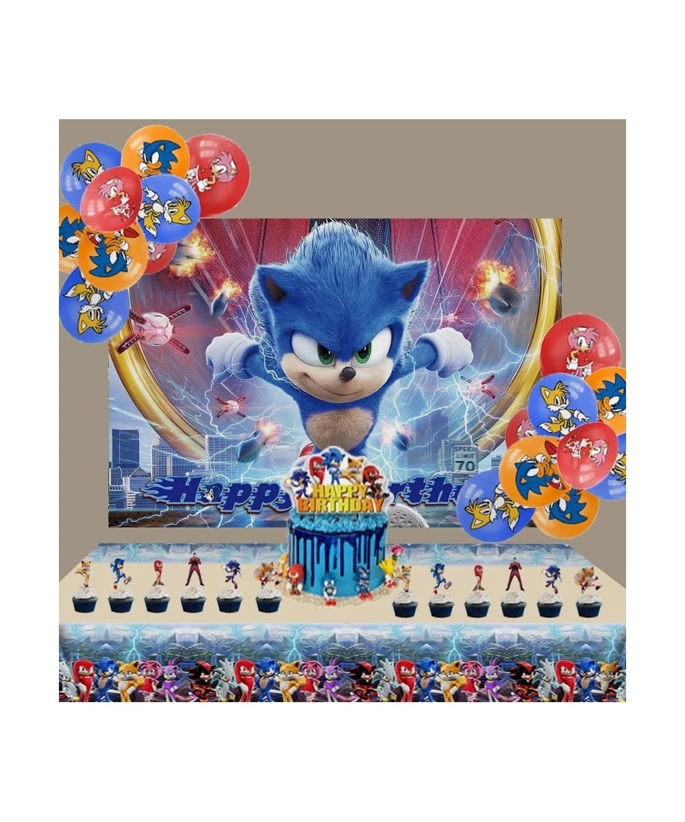 33pcs Blue Hedgehog Party Decorations Set Includes Happy Birthday Backdrop Latex Balloons birthday Tablecloth Cake Topper Cup...