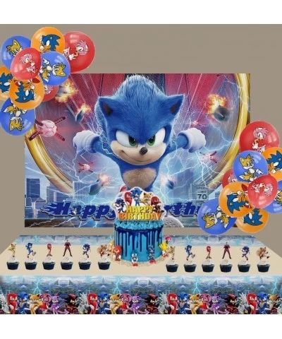 33pcs Blue Hedgehog Party Decorations Set Includes Happy Birthday Backdrop Latex Balloons birthday Tablecloth Cake Topper Cup...