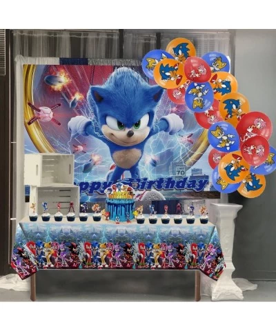 33pcs Blue Hedgehog Party Decorations Set Includes Happy Birthday Backdrop Latex Balloons birthday Tablecloth Cake Topper Cup...