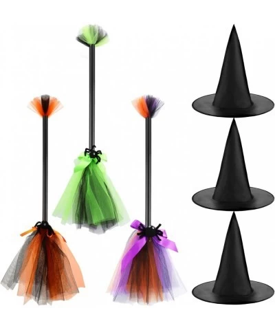 3 Pieces Halloween Witch Broom Hat Set 3 Plastic Broom Props Cosplay Broomstick with 3 Witch Wizard Hats for Halloween Costum...