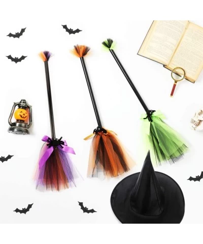 3 Pieces Halloween Witch Broom Hat Set 3 Plastic Broom Props Cosplay Broomstick with 3 Witch Wizard Hats for Halloween Costum...