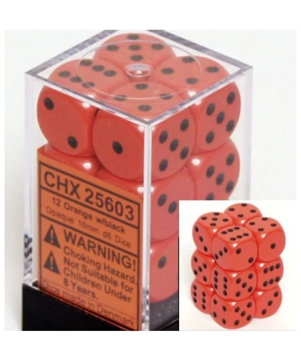 Dice d6 Sets: Opaque Orange with Black - 16mm Six Sided Die (12) Block of Dice $14.88 Game Accessories