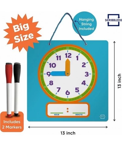 Writable Dry Erase Learning Clock for Kids with Red & Black Dry Erase Markers Write & Wipe Demonstration Clock for Kids Learn...