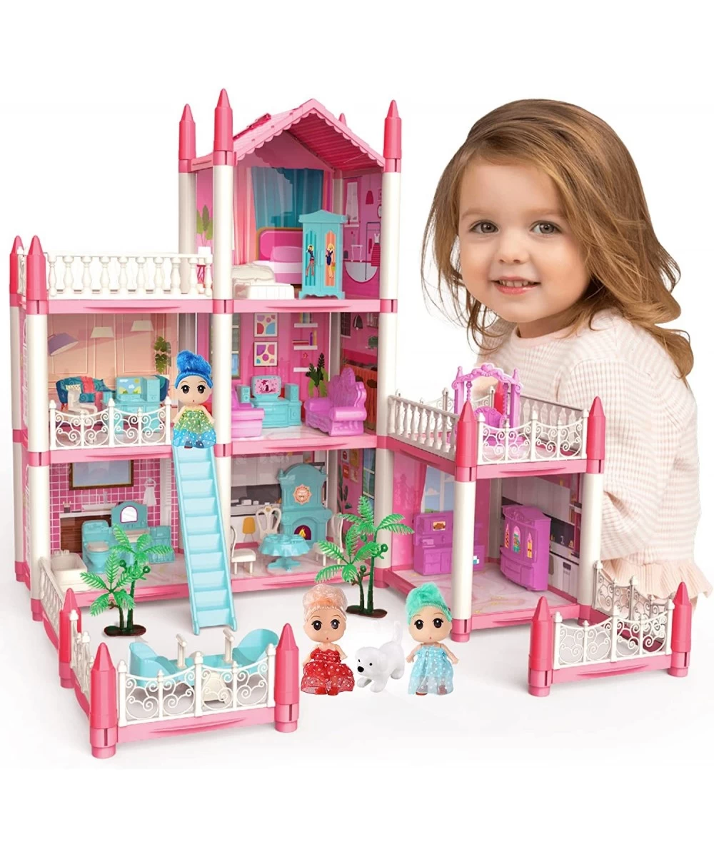 Doll House Dream House for Girls - DIY 3 Story 6 Rooms Pink Dollhouse with 6 Dolls Toy Figures Pet Dog Furniture Pretend Play...