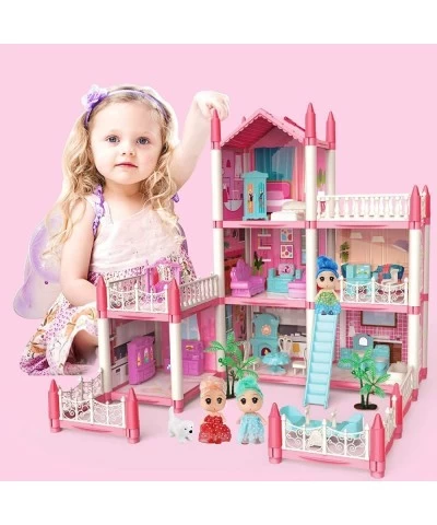 Doll House Dream House for Girls - DIY 3 Story 6 Rooms Pink Dollhouse with 6 Dolls Toy Figures Pet Dog Furniture Pretend Play...