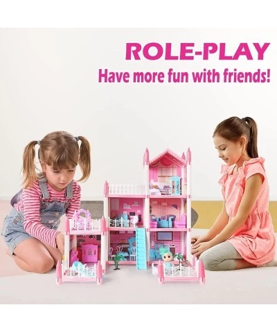 Doll House Dream House for Girls - DIY 3 Story 6 Rooms Pink Dollhouse with 6 Dolls Toy Figures Pet Dog Furniture Pretend Play...