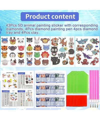 43Pcs 5D Diamond Painting Stickers Kits for Kids Animal Diamond Painting Stickers by Numbers DIY Diamond Art Mosaic Stickers ...