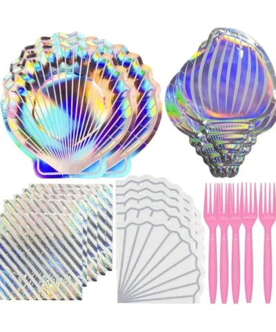 104 Pieces Mermaid Party Tableware Supplies Kit 32 Mermaid Clam Shell Plates 40 Holographic Napkins 32 Pink Forks Disposable ...