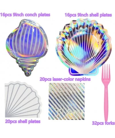 104 Pieces Mermaid Party Tableware Supplies Kit 32 Mermaid Clam Shell Plates 40 Holographic Napkins 32 Pink Forks Disposable ...