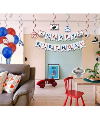 Hockey Birthday Party Supplies Ice Hockey Themed HAPPY BIRTHDAY Banner 7 Hanging Swirls 1 Table Cloth 10 Cake Toppers 30 Ball...