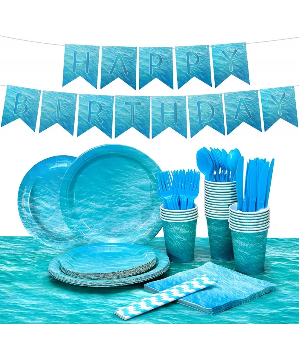 Ocean Wave Party Supplies 16 Guests Disposable Plates Set Inkl. 7”& 9” Paper Plates Plastic Silverware Paper Cups Napkins Sta...