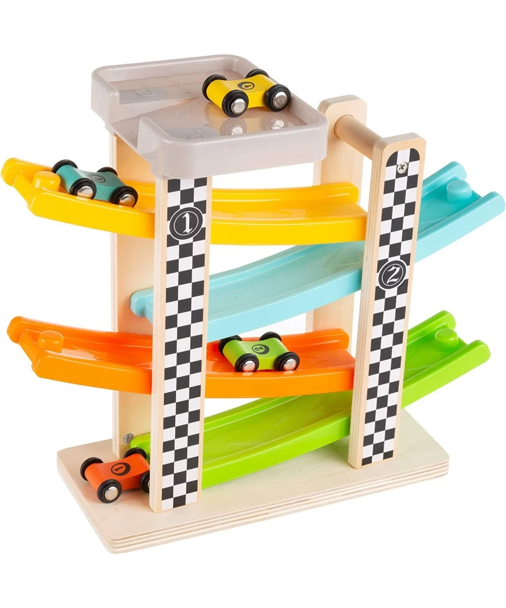 Toy Race Track and Racecar Set- Wooden Car Racer with 4 Colorful Cars with Moving Wheels Ramps- Fun Cars Set for Boys and Gir...