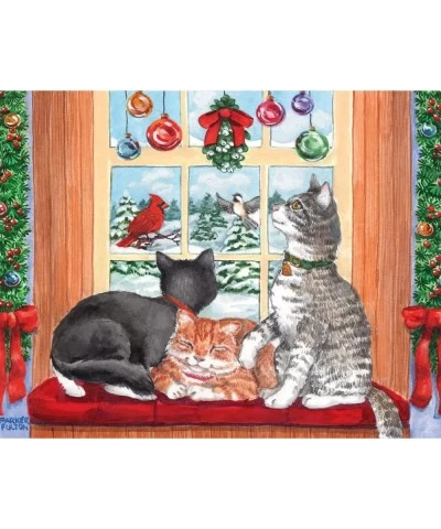 - 50 Piece Jigsaw Puzzle for Adults 15" x 19" - Window Cats - 50 pc Christmas Holidays Winter Snow Kittens Jigsaw by Artist P...