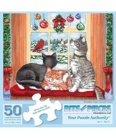 - 50 Piece Jigsaw Puzzle for Adults 15" x 19" - Window Cats - 50 pc Christmas Holidays Winter Snow Kittens Jigsaw by Artist P...