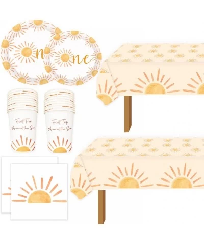 First Trip Inspired Around The Sun Birthday Decorations 102pcs Boho Sun 1st Birthday Paper Plates Napkins Cups and Table Clot...