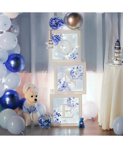 First Birthday Balloons Boxes ONE Transparent White Balloon Blocks with 3 LED String Lights and 32 Balloons for Girl Boy Baby...