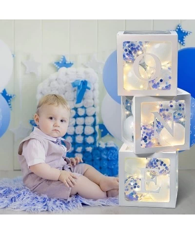 First Birthday Balloons Boxes ONE Transparent White Balloon Blocks with 3 LED String Lights and 32 Balloons for Girl Boy Baby...