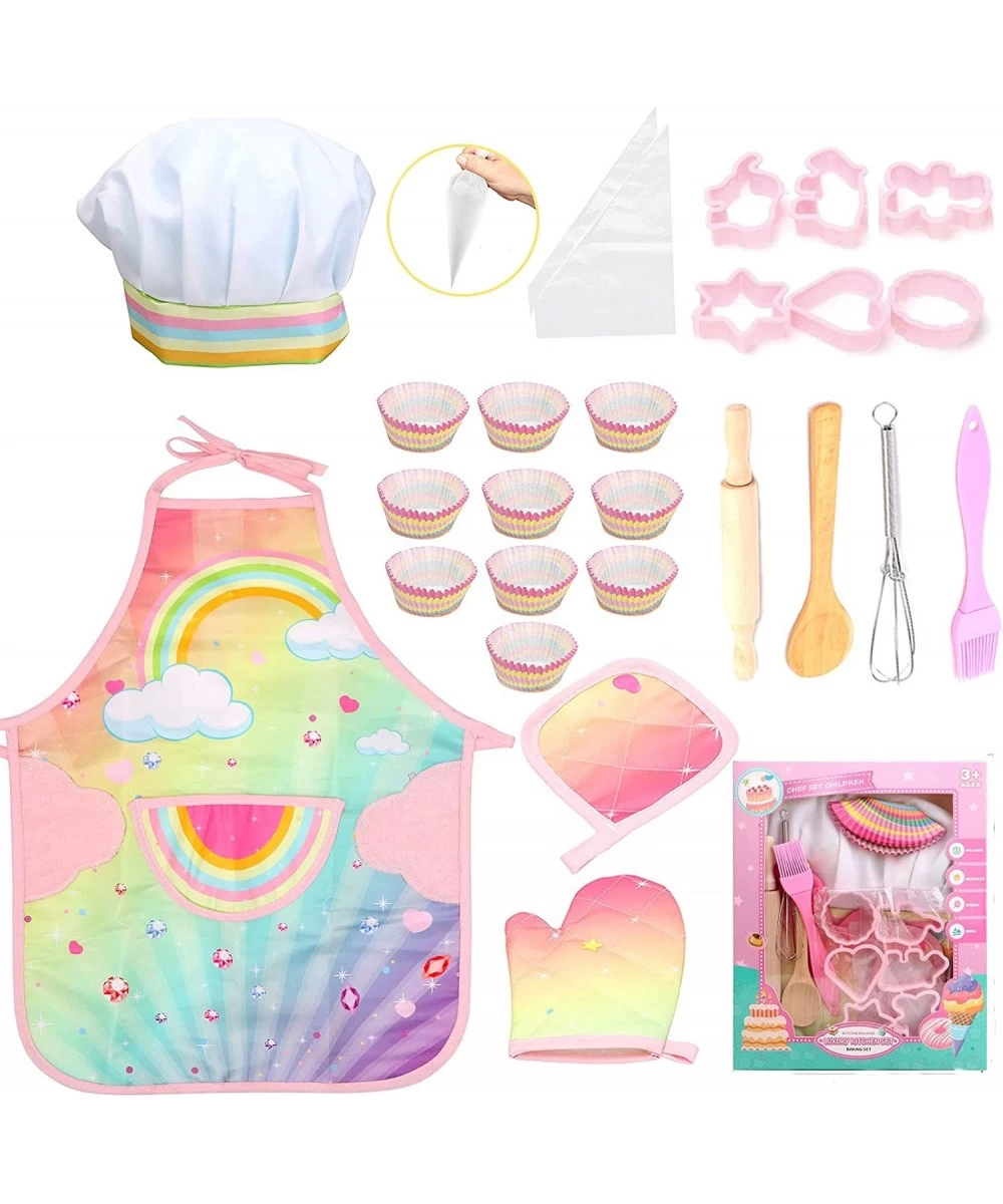 Real Kids Cooking and Baking Set - 26 Pcs Kids Chef Role Play Costume Set Includes Rainbow Apron Chef Hat Cooking Mitt Utensi...