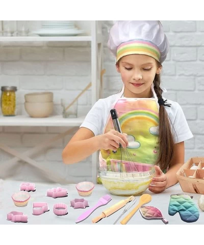 Real Kids Cooking and Baking Set - 26 Pcs Kids Chef Role Play Costume Set Includes Rainbow Apron Chef Hat Cooking Mitt Utensi...