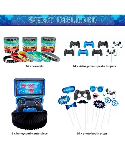 99PCS Gamer Birthday Decorations Video Game Party Favors for Boys Cupcake Toppers 24PCS Wristbands Cetnerpiece Photo Booth Pr...