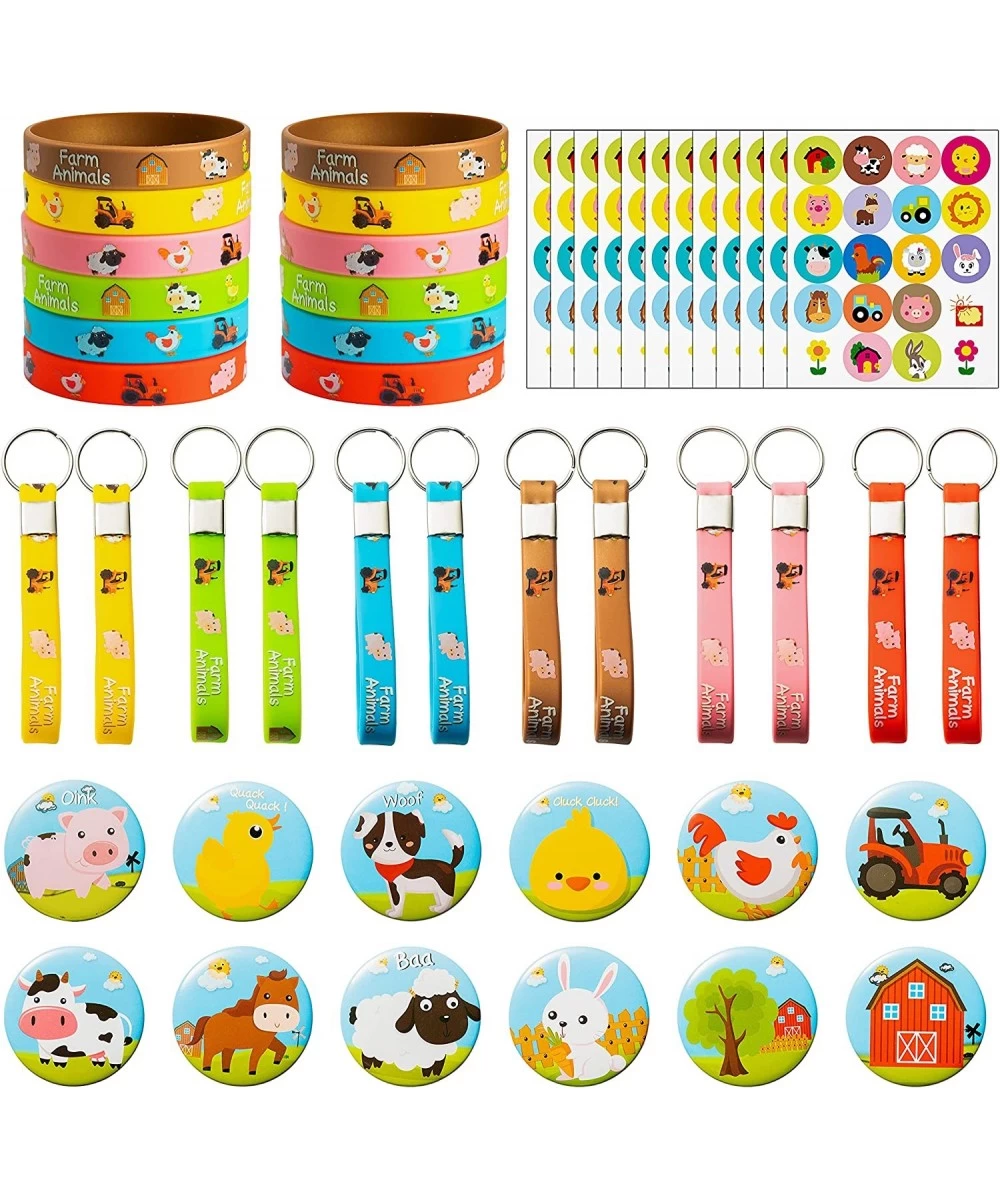 48Pcs Farm Animals Party Favors Barnyard Animals Silicone Bracelets Wristbands Rubber Keychains Button Pins Cartoon Stickers ...