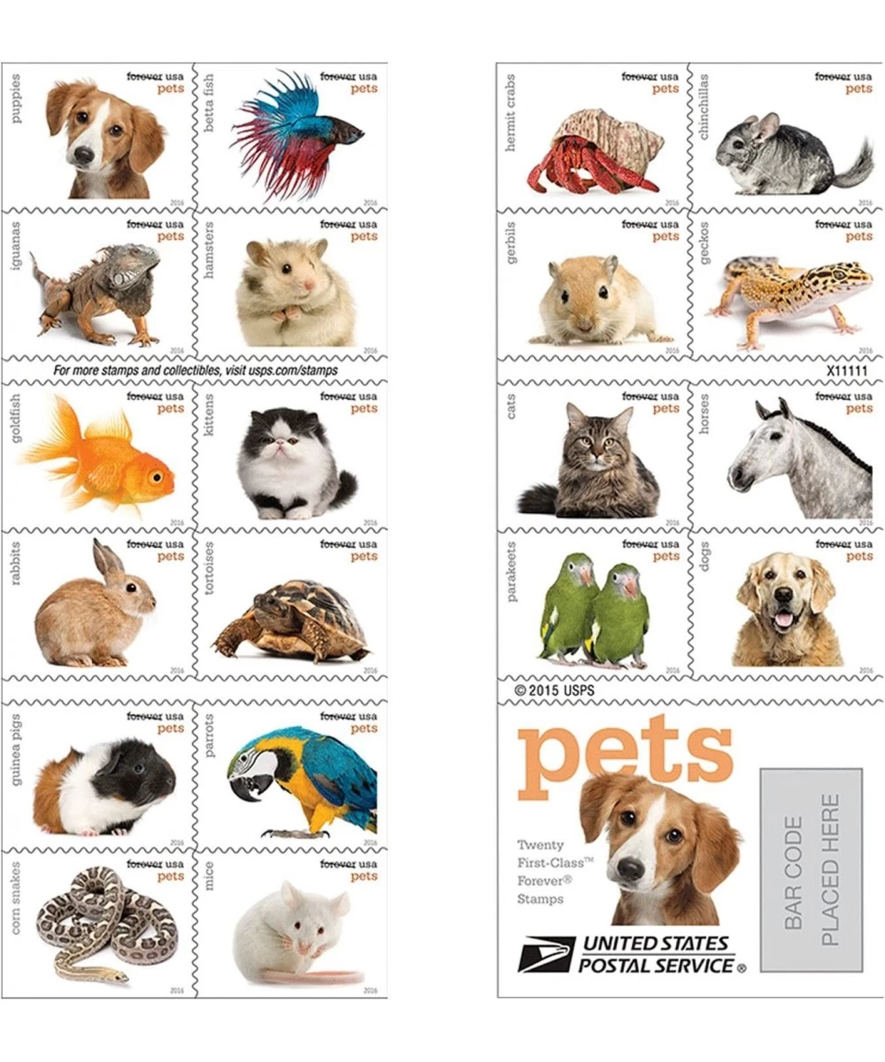 20 Forever stamps Pets celebrate animals in our lives that bring joy companionship and love 1 sheet of 20 stamps $75.12 Colle...