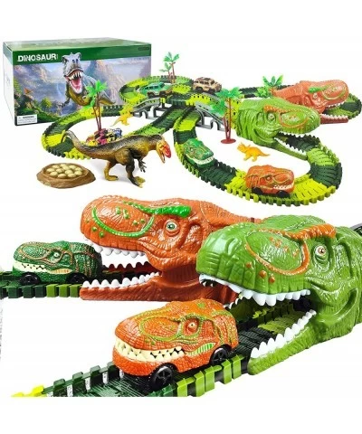 Dinosaur Toys-381pcs Create A Dinosaur World Road Race-Flexible Track Playset Flexible Train Tracks 2 Electric Race Cars Vehi...