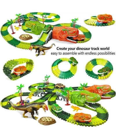 Dinosaur Toys-381pcs Create A Dinosaur World Road Race-Flexible Track Playset Flexible Train Tracks 2 Electric Race Cars Vehi...