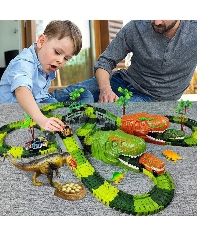 Dinosaur Toys-381pcs Create A Dinosaur World Road Race-Flexible Track Playset Flexible Train Tracks 2 Electric Race Cars Vehi...