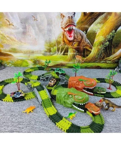 Dinosaur Toys-381pcs Create A Dinosaur World Road Race-Flexible Track Playset Flexible Train Tracks 2 Electric Race Cars Vehi...