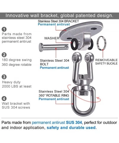 Swing Hangers Permanent Antirust SUS304 Stainless Steel Heavy Duty 360° Swivel Swing Set Brackets 2000 lb Capacity Playground...