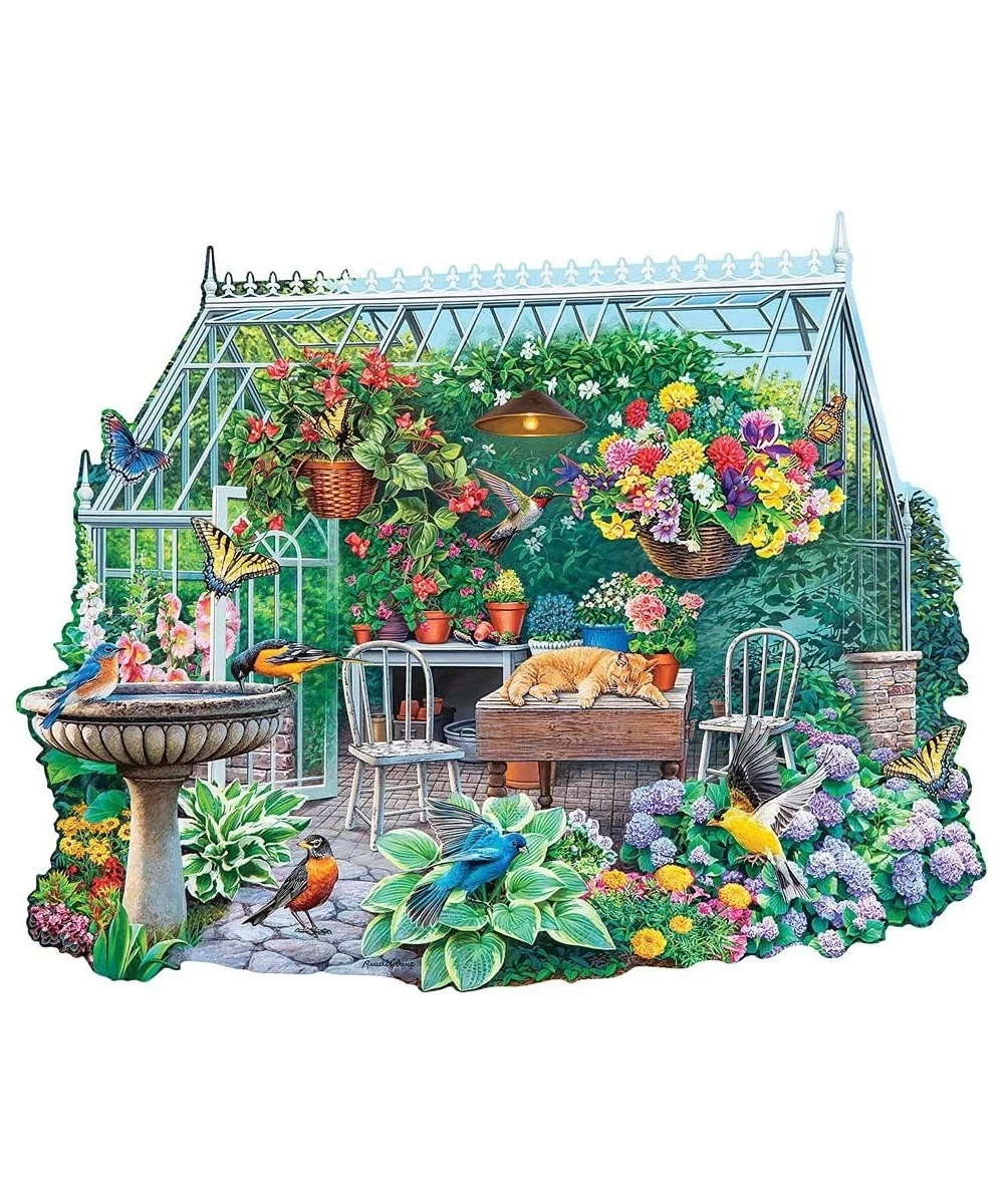 - 300 Piece Shaped Jigsaw Puzzle for Adults 20' x 27" - Spring Greenhouse - 300 pc Garden Flower Bird Bath Cat Butterfly Bloo...