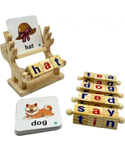 Wooden Reading Blocks Short Vowel Rods Spelling Games Flash Cards Turning Rotating Matching Letters Deer Toy for Kids Montess...