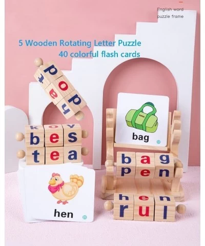 Wooden Reading Blocks Short Vowel Rods Spelling Games Flash Cards Turning Rotating Matching Letters Deer Toy for Kids Montess...