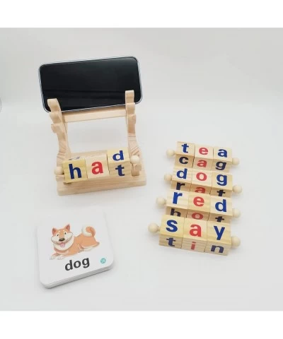 Wooden Reading Blocks Short Vowel Rods Spelling Games Flash Cards Turning Rotating Matching Letters Deer Toy for Kids Montess...