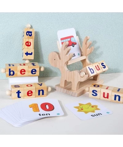 Wooden Reading Blocks Short Vowel Rods Spelling Games Flash Cards Turning Rotating Matching Letters Deer Toy for Kids Montess...