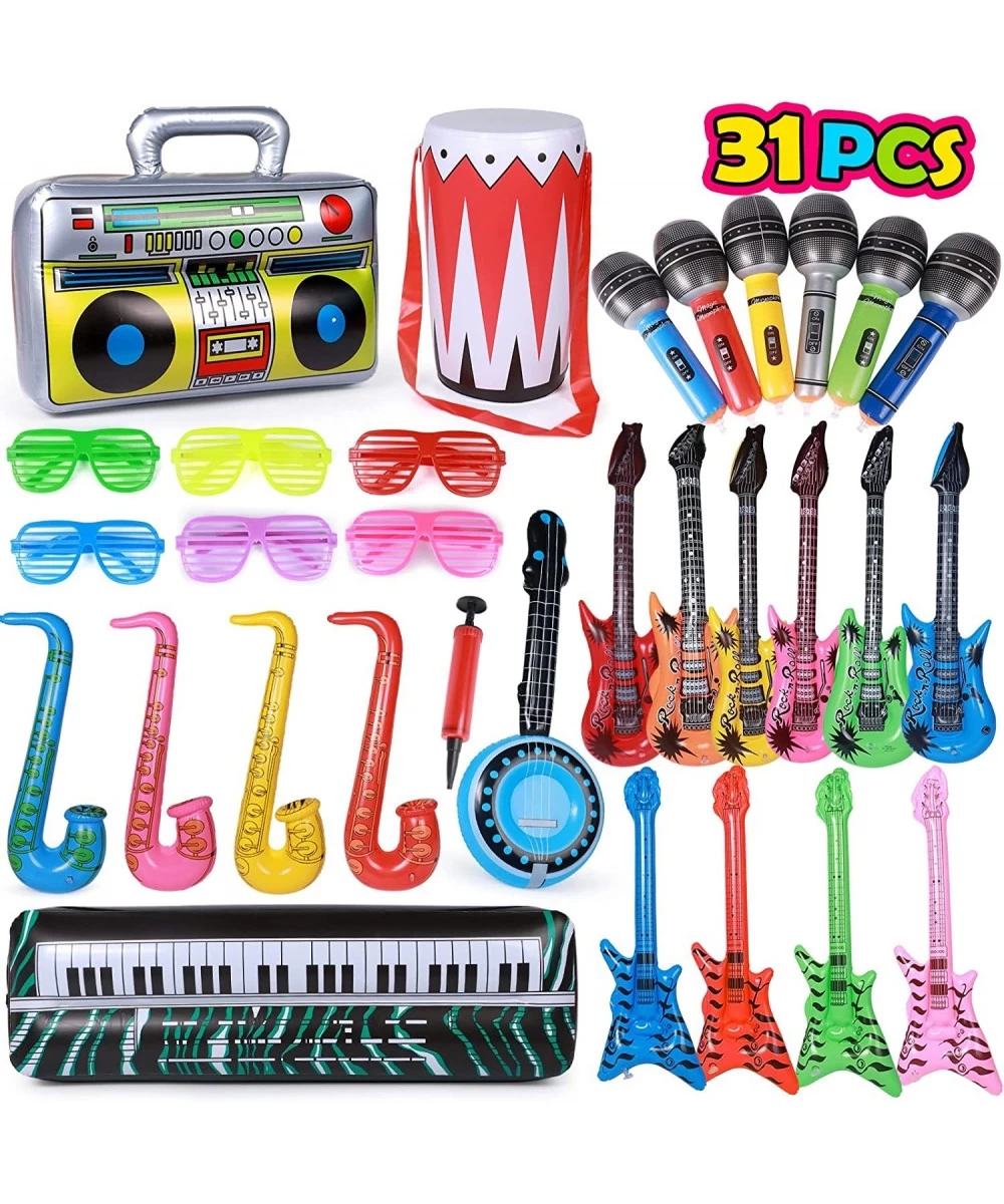 31 Pack Inflatable Rock Star Toy Set 80s Music Instruments Party Props Decorations-6 Inflatable Guitars 6 Inflatable Micropho...